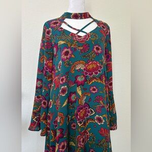 Andree Teal Floral Midi Dress with Pink and Gold Accents